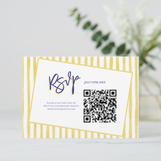 Cartons Réponse Modern Yellow Hand Written Stripe QR Code Wedding (Debout devant)