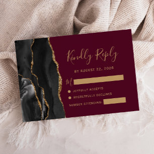 Cartons Réponse Moderne Black Gold Agate Bourgogne Mariage