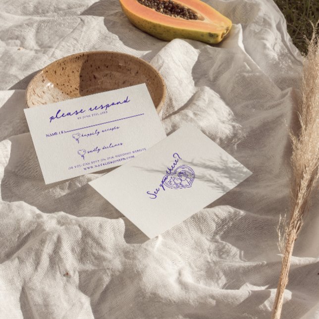 Cartons Réponse Moderne Bleu Main Tirée Rétro Fun Mariage funky am (Créateur téléchargé)