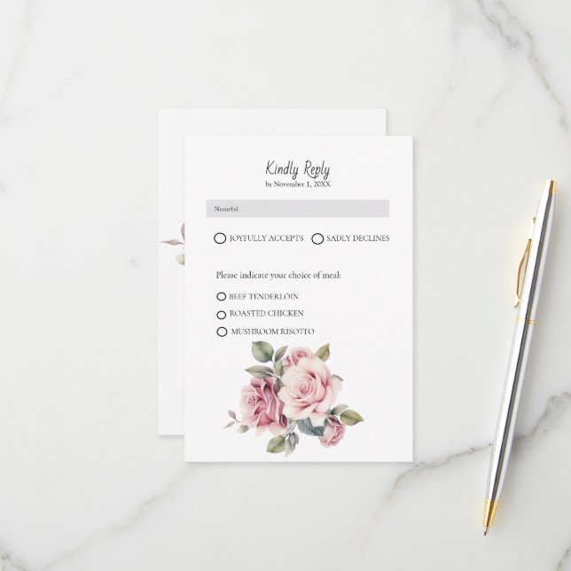 Cartons Réponse Moderne Chic Élégant Romantique Rose Mariage (Devant/Arrière en situation)