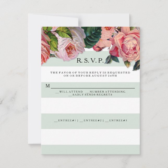 Cartons Réponse MODERNE Chic Larges Rayures avec Roses, Vert Menth (Devant)
