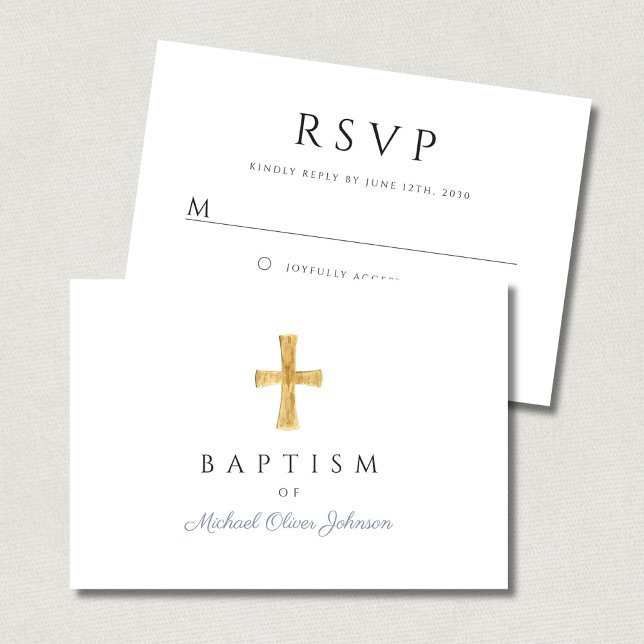 Cartons Réponse Moderne Dusty Blue Script Cross Boy Baptême garçon (Modern Dusty Blue Script Cross Boy Baptism RSVP Card)