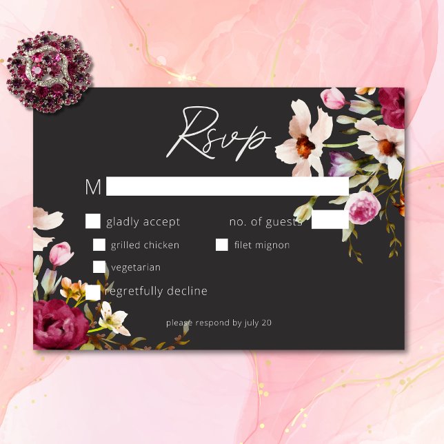 Cartons Réponse Moderne Elégant été prairie floral noir Mariage (Modern Elegant Summer Meadow Floral Black Wedding RSVP Card)