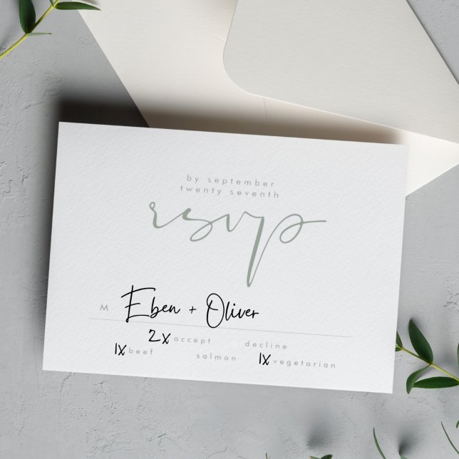 Cartons Réponse Moderne Elégant Sage Vert Neutre Blanc Mariage (Créateur téléchargé)