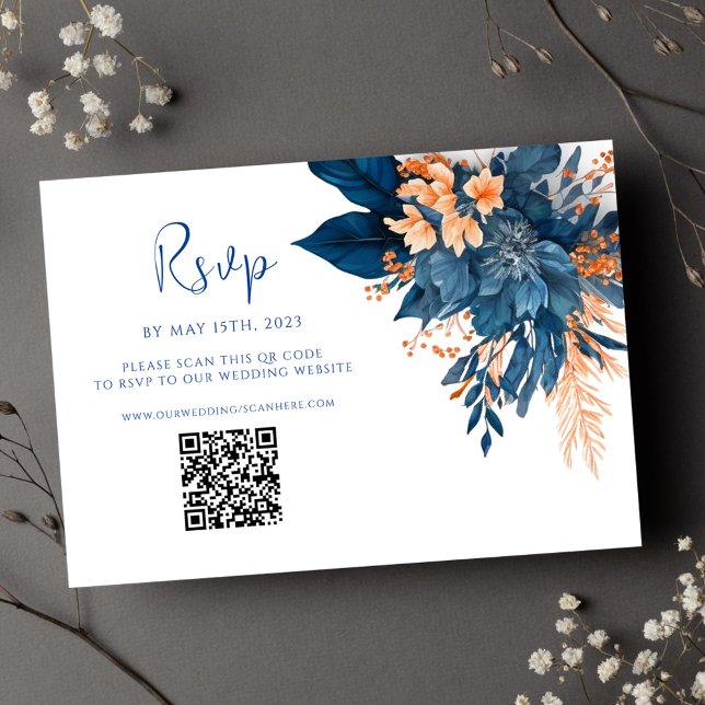Cartons Réponse Moderne Floral Indigo Rust QR Code Mariage (Modern Floral Indigo Rust QR Code Wedding RSVP Card)