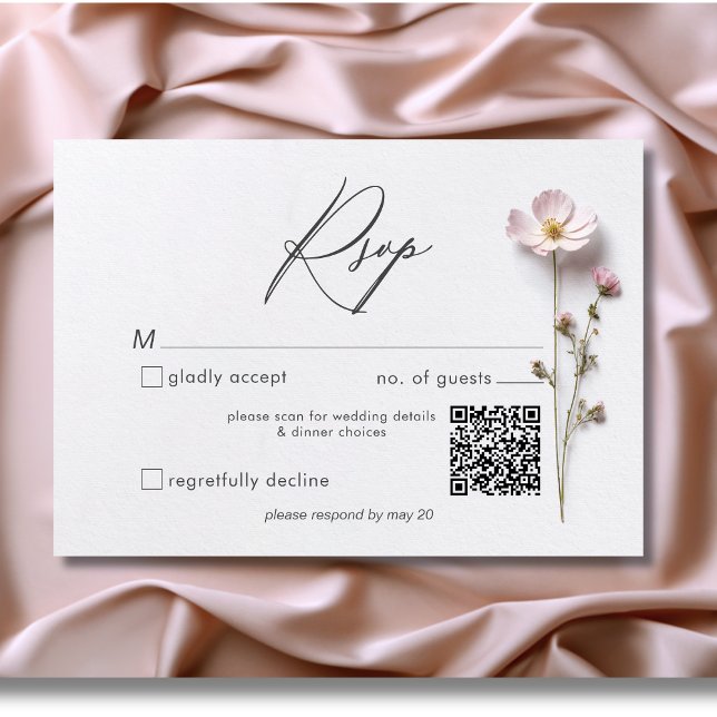Cartons Réponse Moderne Pastel Fleur sauvage Mariage QR Code (Modern Pressed Pastel Wildflowers Wedding QR Code RSVP Card)