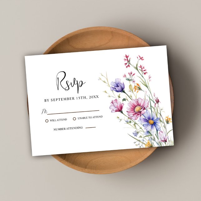 Cartons Réponse Moderne Rustique Élégant Fleur sauvage Floral Mari (Modern Rustic Elegant Wildflower Floral Wedding RSVP Card)