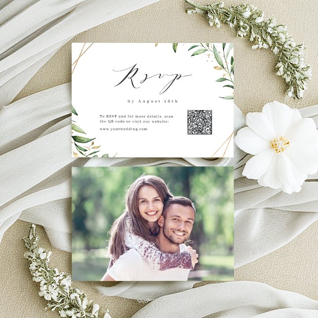 Cartons Réponse Moderne vert géométrique Rustique Mariage QR code (Modern Greenery Geometric Rustic Wedding QR code RSVP Card)