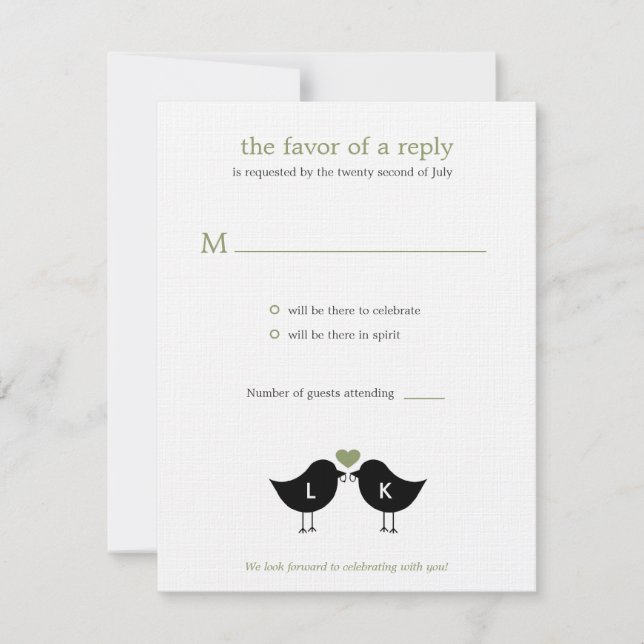 Cartons Réponse Monogramme Birds Wedding RSVP/Response Card - Sage (Devant)