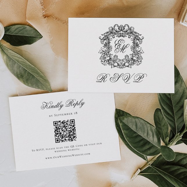 Cartons Réponse Monogramme Crête Élégant Code QR de Mariage (Créateur téléchargé)