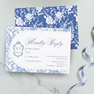 Cartons Réponse Monogramme de blason Delft Bleu Floral Script