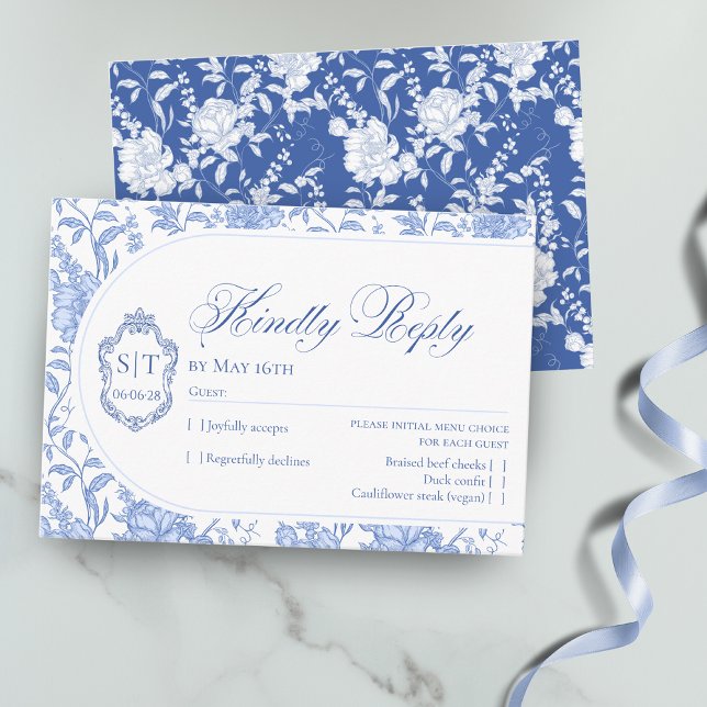 Cartons Réponse Monogramme de blason Delft Bleu Floral Script (Créateur téléchargé)