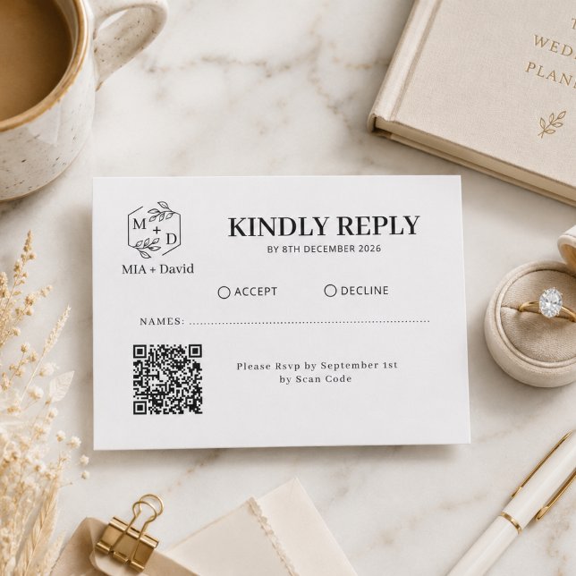 Cartons Réponse Monogramme de code QR noir et blanc pour la répons (Black White Qr Code monogram Wedding Replay RSVP Card)