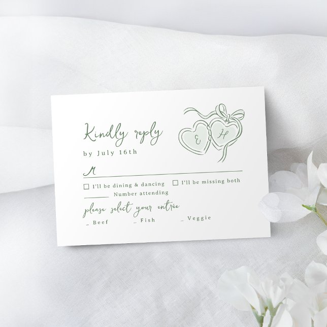 Cartons Réponse Monogramme de cœurs dessinés à la main pour mariag (Sage Hand Drawn Hearts Monogram Whimsical Wedding RSVP Card)