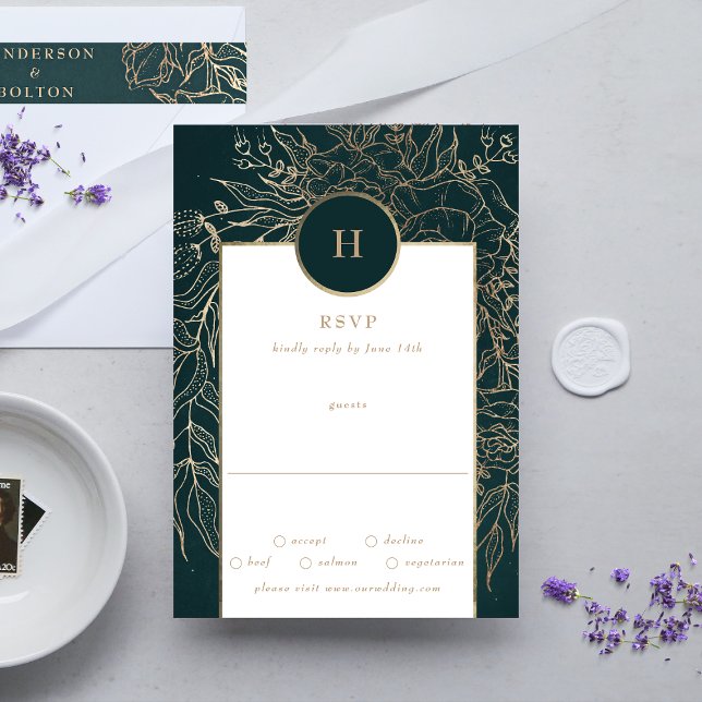 Cartons Réponse Monogramme de couronne d'or et d'émeraude vert (RSVP showcasing suite - additional items (bought separately))