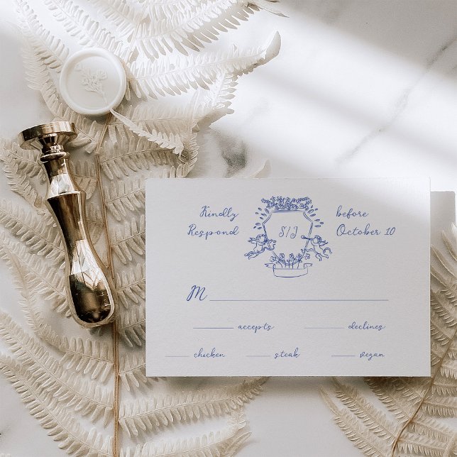 Cartons Réponse Monogramme de crête blanc | MARIAGE (Créateur téléchargé)