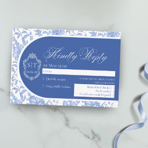 Cartons Réponse Monogramme de crête Delft Bleu Floral Script