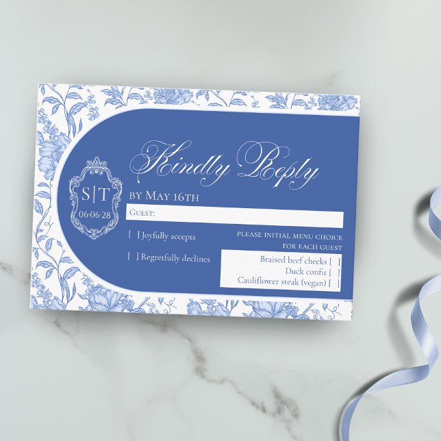 Cartons Réponse Monogramme de crête Delft Bleu Floral Script (Créateur téléchargé)