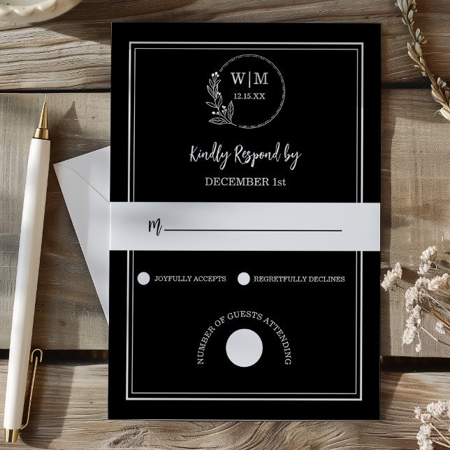 Cartons Réponse Monogramme de mariage dessin au trait noir élégant (Elegant Black Line Drawing Monogram Wedding RSVP Card)