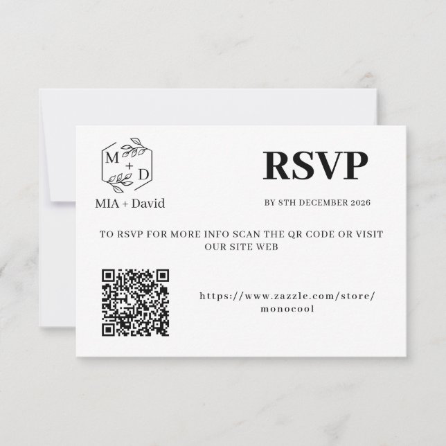 Cartons Réponse Monogramme de mariage élégant noir et blanc à code (Devant)