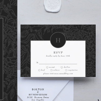 Cartons Réponse Monogramme élégant noir dramatique couronne floral
