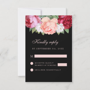 Cartons Réponse Monogramme Elégant Roses floraux rose Mariage noir