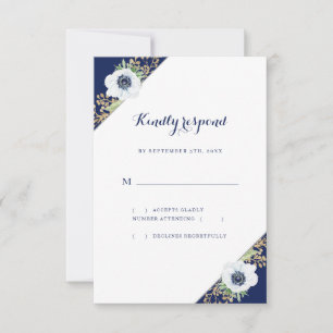 Cartons Réponse Monogramme Floral Anemone Bleu Blanc Mariage