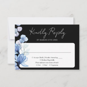 Cartons Réponse Monogramme Floral Bleu Mariage noir et blanc