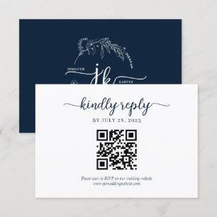 Cartons Réponse Monogramme floral bleu marine minimal QR Code Mari