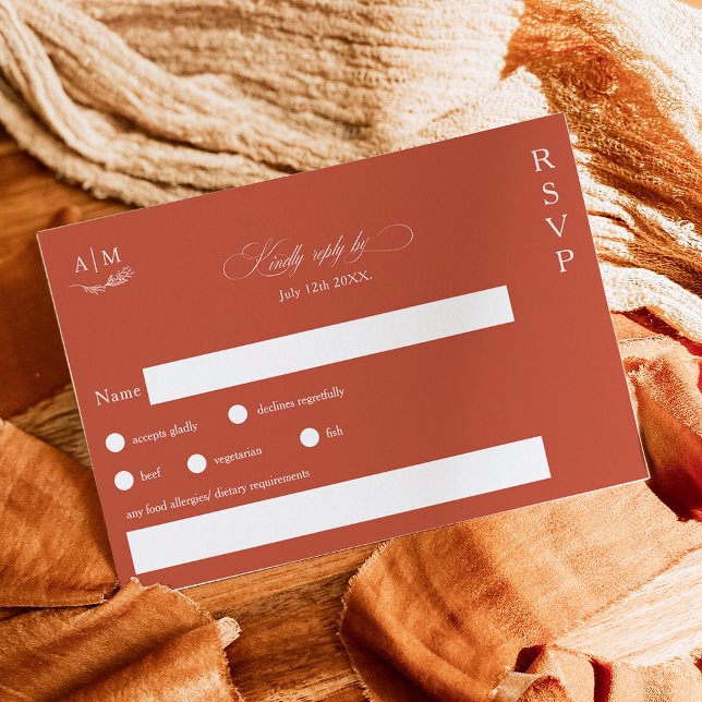 Cartons Réponse Monogramme floral classique mariage en terre cuite (Créateur téléchargé)