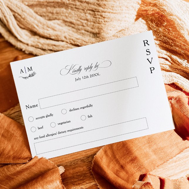 Cartons Réponse monogramme floral classique noir blanc mariage (Créateur téléchargé)