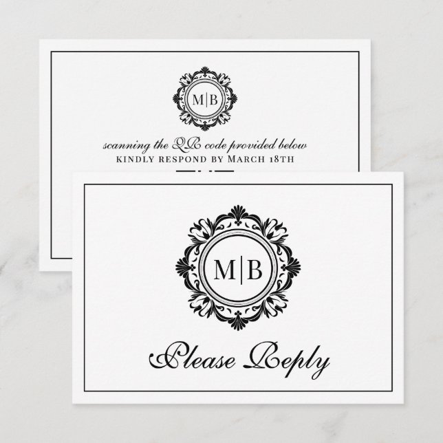 Cartons Réponse Monogramme floral orange Mariage noir blanc (Devant / Derrière)