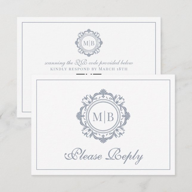 Cartons Réponse Monogramme floral orné Mariage argent (Devant / Derrière)