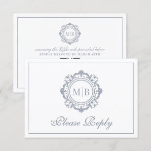 Cartons Réponse Monogramme floral orné Mariage argent