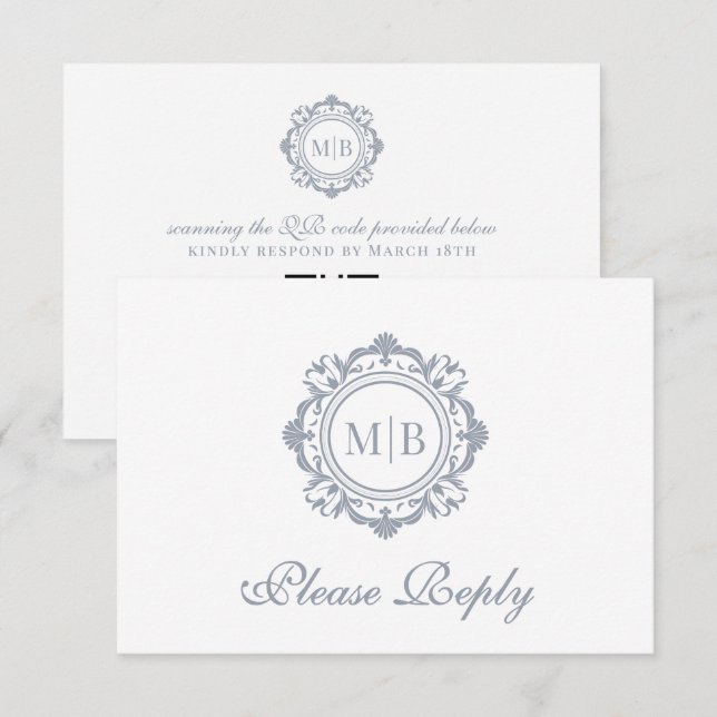 Cartons Réponse Monogramme floral orné Mariage argent (Devant / Derrière)