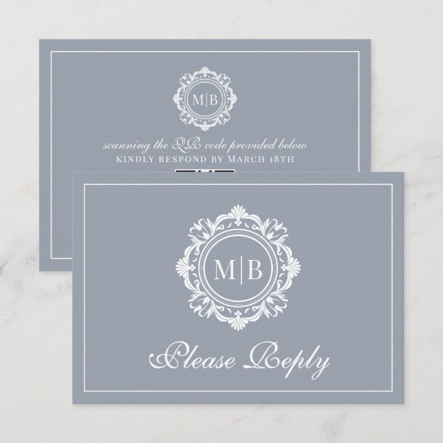 Cartons Réponse Monogramme floral orné Mariage argent (Devant / Derrière)
