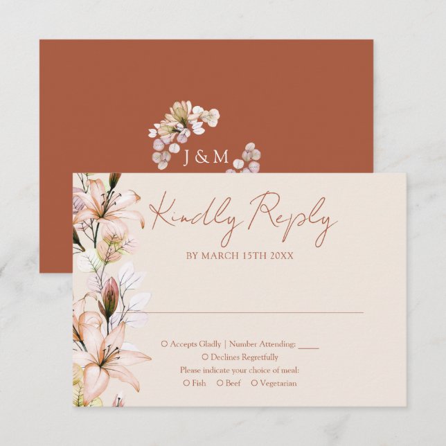 Cartons Réponse Monogramme Floral Rustique Mariage Automnal Terrac (Devant / Derrière)