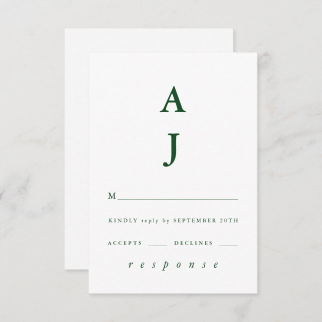Cartons Réponse Monogramme minimal Mariage vert émeraude (Devant / Derrière)