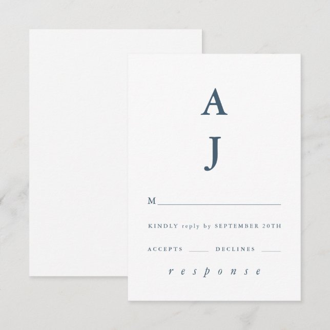 Cartons Réponse Monogramme minimum Mariage bleu poussiéreux (Devant / Derrière)