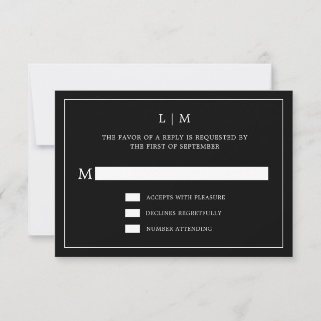 Cartons Réponse Monogramme noir simple Mariage élégant (Devant)