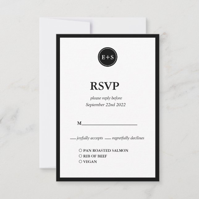 Cartons Réponse Monogramme | Options de repas de mariage noir et b (Devant)