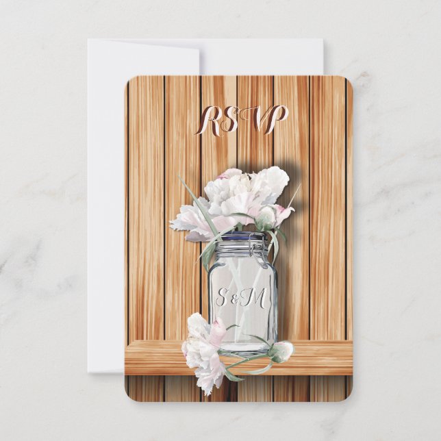 Cartons Réponse Monogramme Rustic Mason Jar et Peonies roses (Devant)