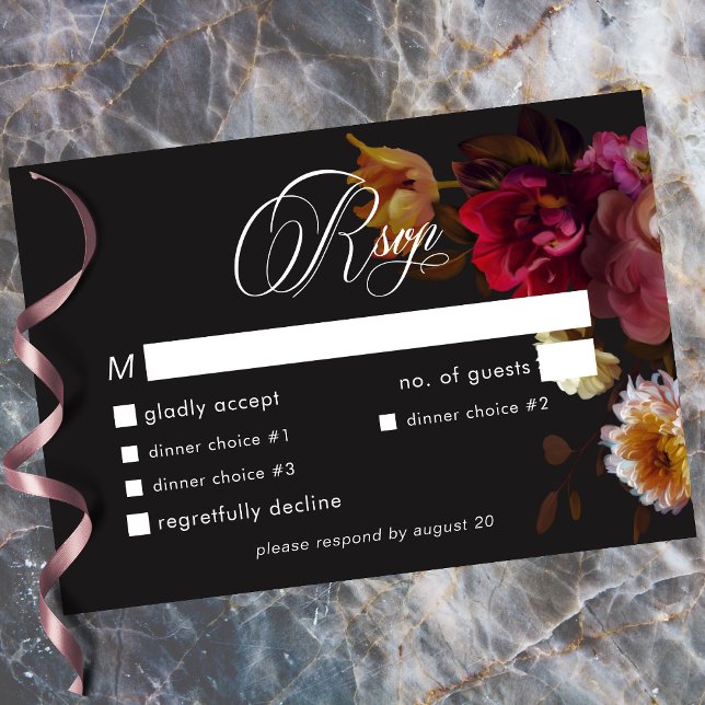 Cartons Réponse Moody Black Floral Painterly Red Burgundy Wedding (Moody Black Floral Painterly Red Burgundy Wedding RSVP Card)