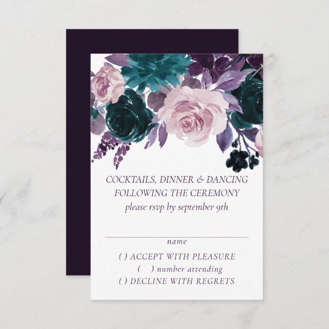 Cartons Réponse Moody Boho | Eggplant Purple Mariage floral foncé (Devant / Derrière)
