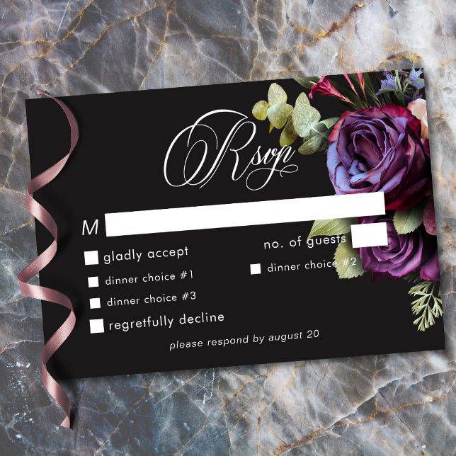 Cartons Réponse Moody Dark Floral Black Burgundy Romantic Wedding (Moody Dark Floral Black Burgundy Romantic Wedding RSVP Card)