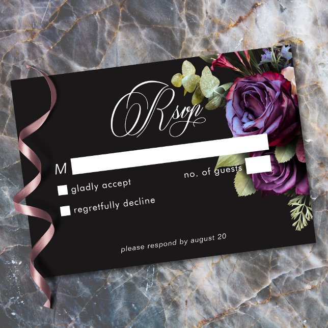 Cartons Réponse Moody Dark Floral Black Burgundy Romantic Wedding (Moody Dark Floral Black Burgundy Romantic Wedding RSVP Card)