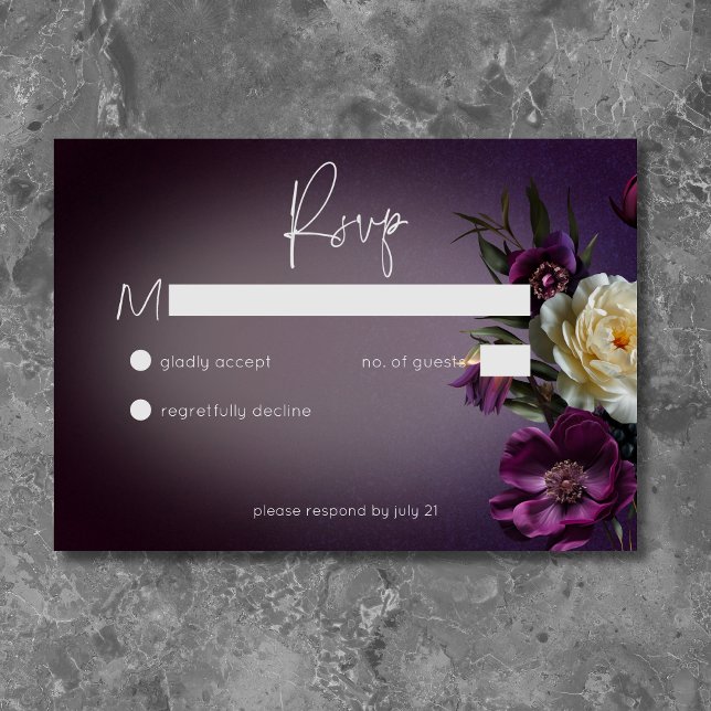 Cartons Réponse Moody foncé Purple Lavender Floral Moderne Sans Dî (Dark Moody Purple Lavender Floral Modern No Dinner RSVP Card)