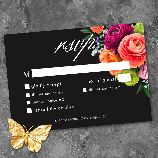 Cartons Réponse Moody Luxe Floral Vibrant Pink Black Wedding (Moody Luxe Floral Vibrant Pink Black Wedding RSVP Card)