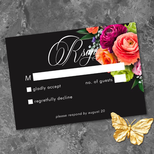 Cartons Réponse Moody Luxe Floral Vibrant Pink Black Wedding (Moody Luxe Floral Vibrant Pink Black Wedding RSVP Card)