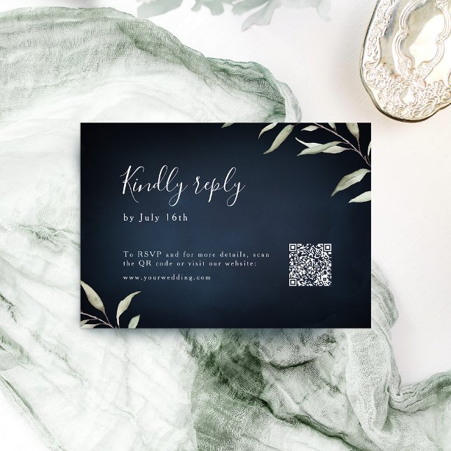 Cartons Réponse Moody marine minima verdure mariage QR code (Moody navy minimal greenery wedding QR code RSVP Card)